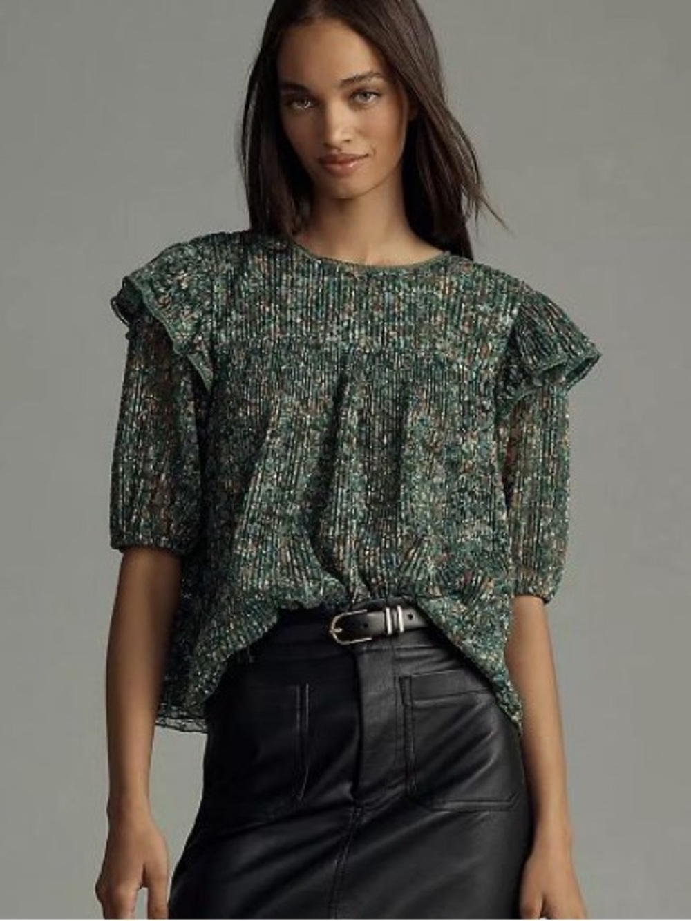 Green Floral Ruffle-Sleeve Women’s Top